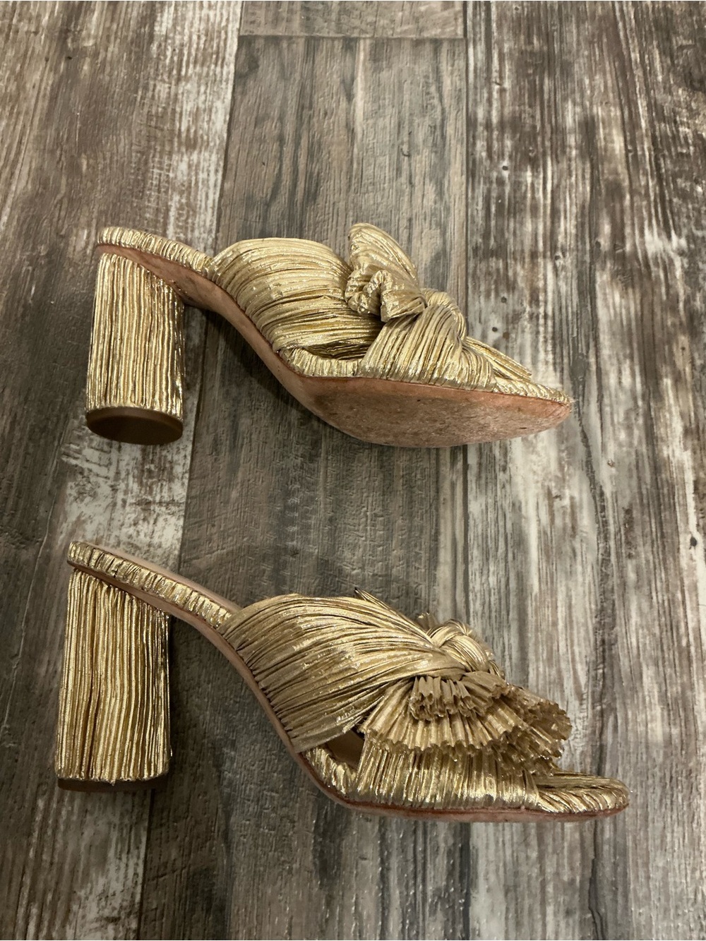 Loeffler Randall Gold Pleated Bow Block Heel Mules Size 6.5 - Picture 9 of 16